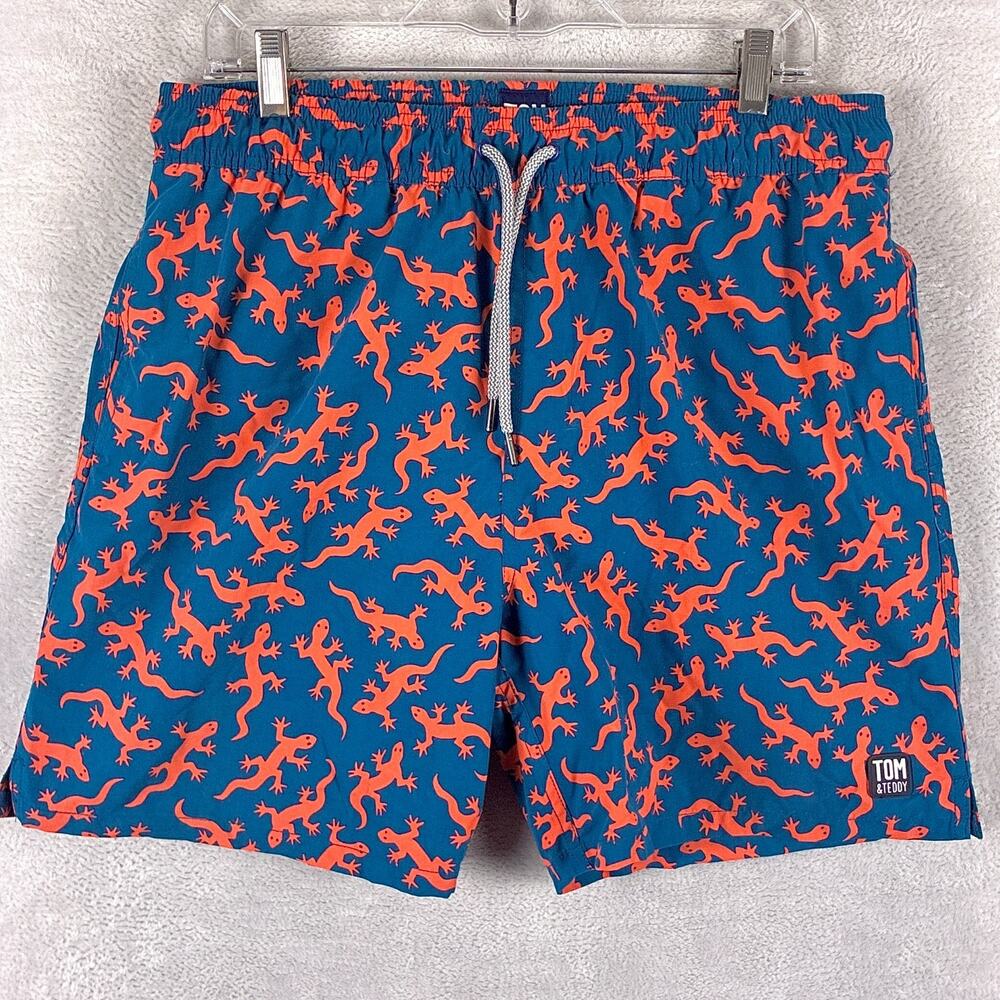 Tom & Teddy Swim Trunks Mens L Blue Orange Gecko AOP Drawstring Beach Surf Pool
